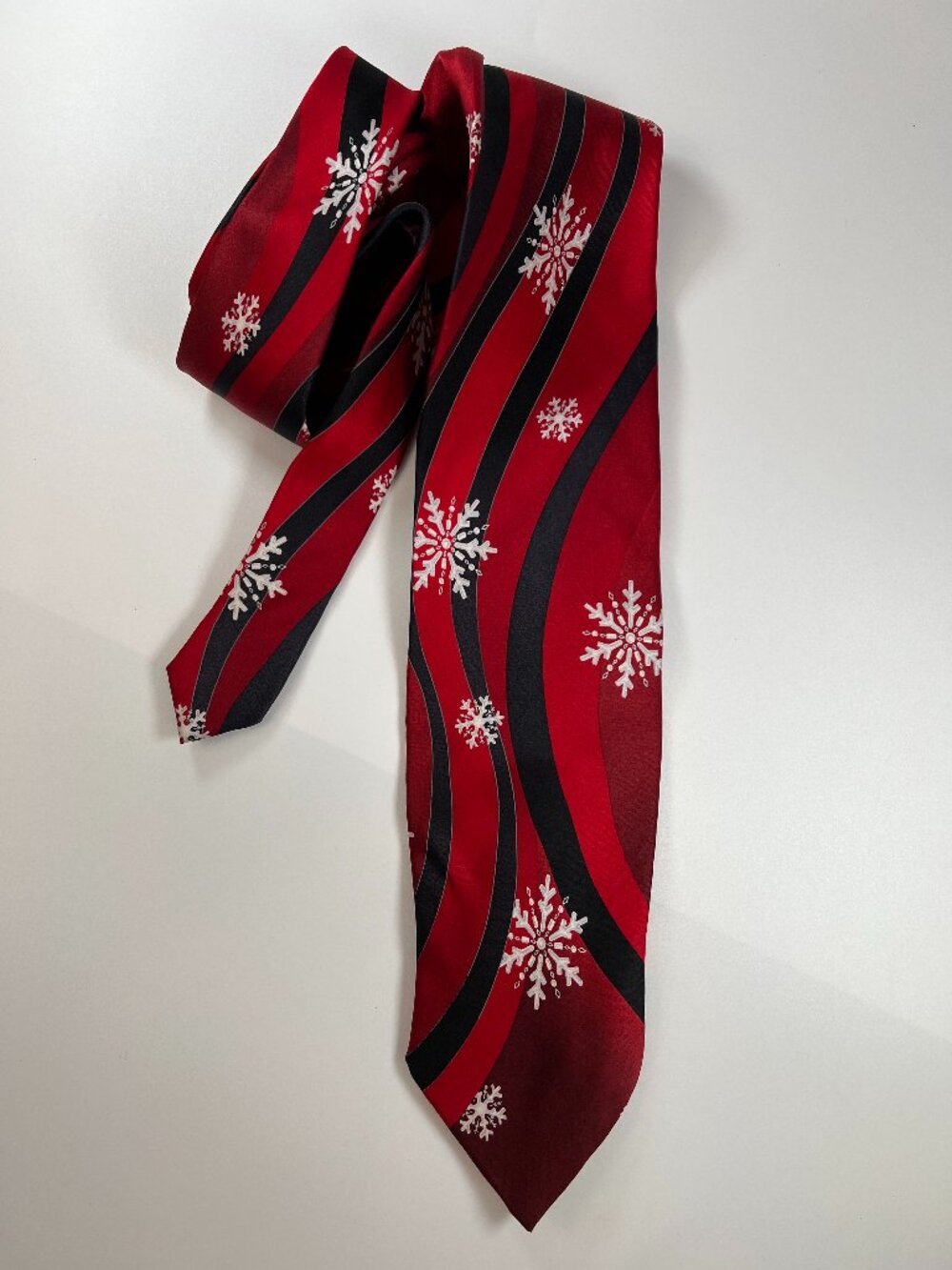 Holidays Red Christmas Tie with White Snowflakes & Black Ribbon 100% Silk